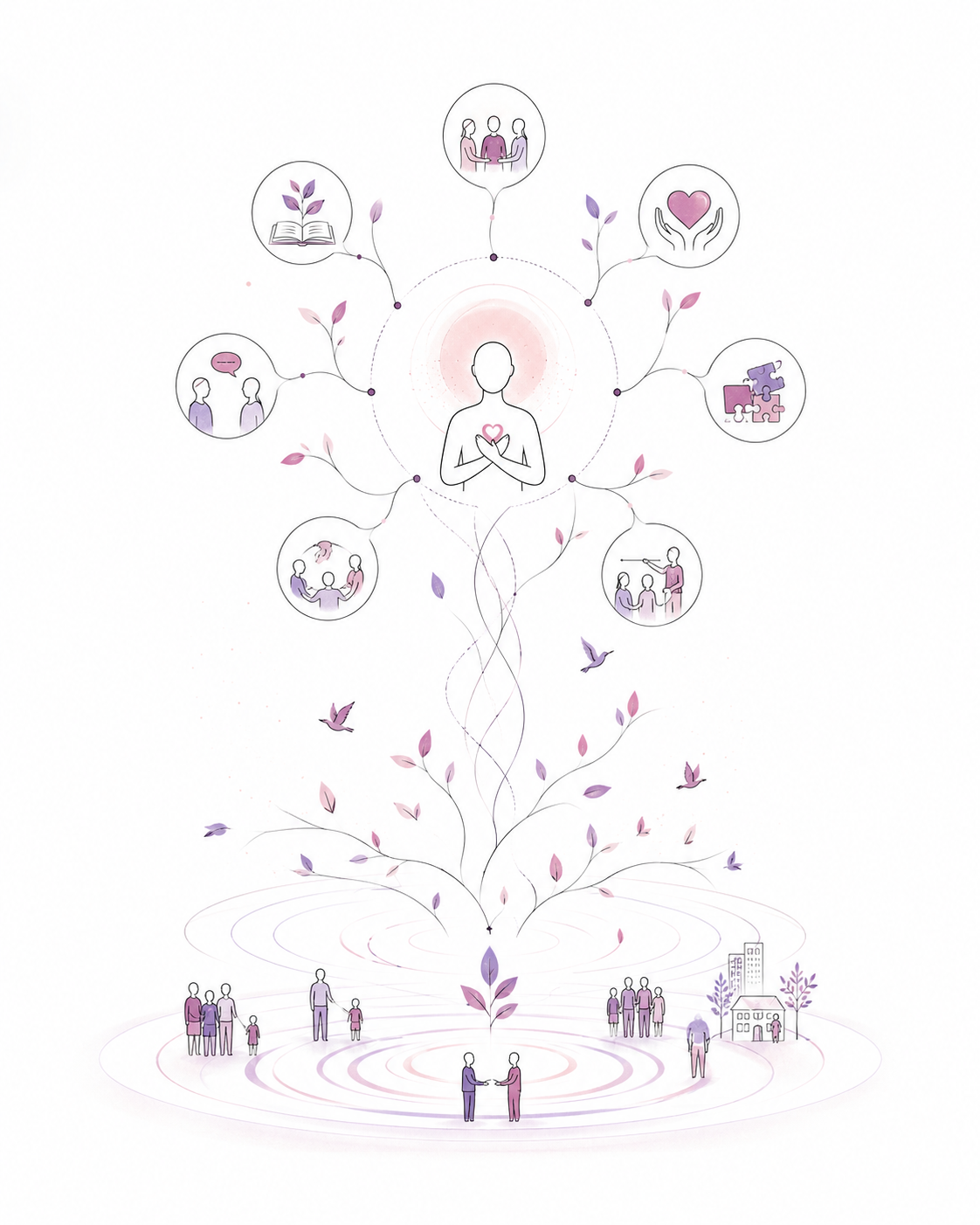 Illustration of the Harmony Program methodology, showing inner peace, human connection and community-led Ripple Projects.