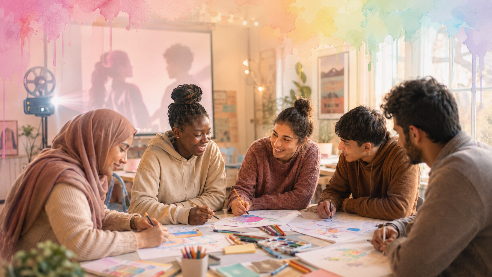 Young people taking part in a creative workshop in Switzerland, representing SANCHILD’s project combining cinema, education and art therapy to support resilience and dialogue.