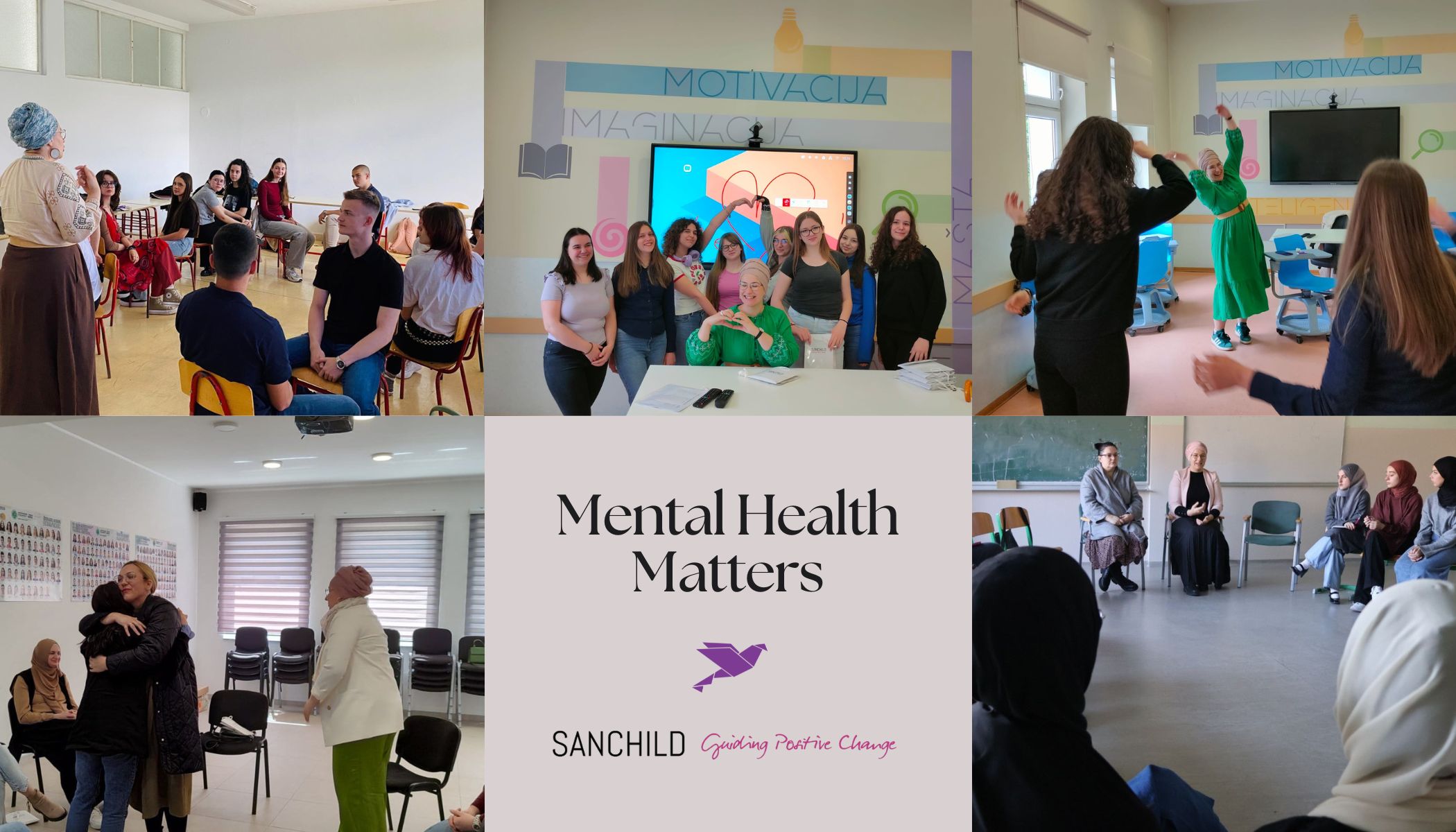 Students and educators participating in SANCHILD Foundation’s Mental Health Matters workshops in Bosnia and Herzegovina, focused on emotional well-being, resilience, dialogue, and mental health education in schools.